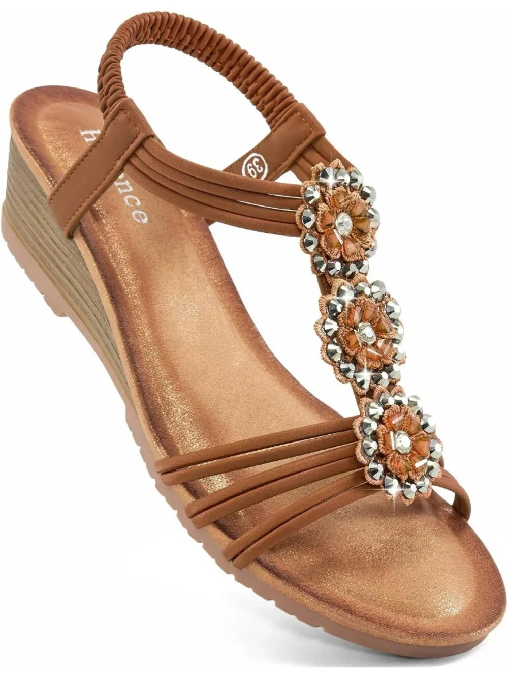 Women's Brown Floral Rhinestone Elastic Slingback Low Wedge Heel Sandals Shoes